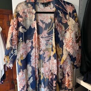 Style & Co. Navy Floral Sheer Kimono with Pink and Gold Accents